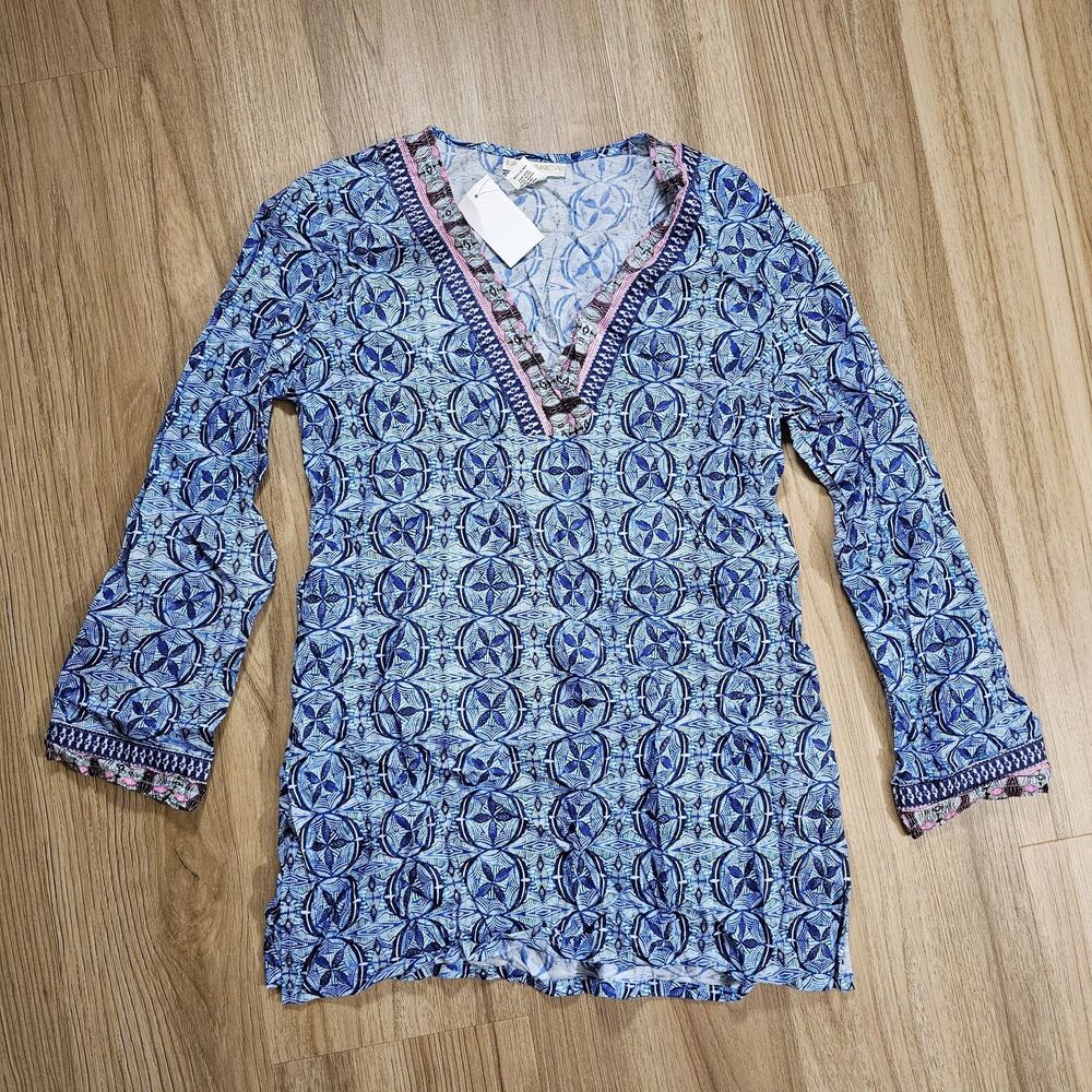 La Blanca Resortwear Beach Swim Tunic Coverup Blue Geometric XS‎ Womens